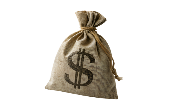 Rustic burlap sack filled with cash, tied securely with twine and marked with a bold dollar sign isolated on transparent background