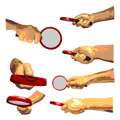 Set of human hand palms holding magnifying glass plastic handle in different positions and view angles isolated on white vector illustration