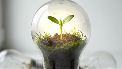 Zoom in on a green seedling growing inside a light bulb. Sustainable energy and environmental conservation concept
