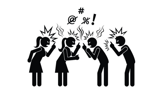 Group of Stick Figures Having a Heated Argument or Confrontation. People Shouting and Pointing Fingers with Profanity Symbols Above Heads. Vector Illustration.