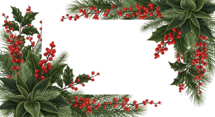 Christmas holly and pine branch corner border frame with red berry decoration isolated on transparent background