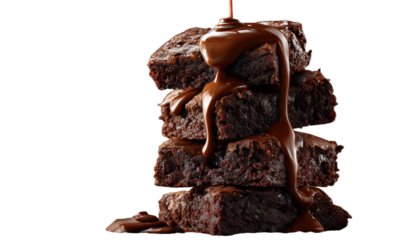 Rich, decadent chocolate dessert squares stacked, drizzled with glossy melted chocolate