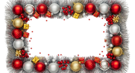 Festive christmas holiday frame border made of shiny red, silver, and gold baubles, tinsel, and small gift boxes, isolated on transparent background