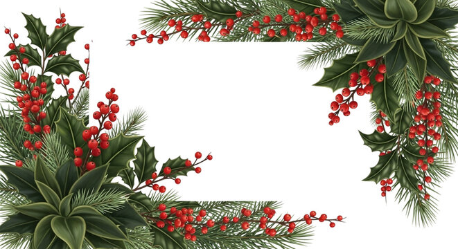 Christmas holly and pine branch corner border frame with red berry decoration isolated on transparent background