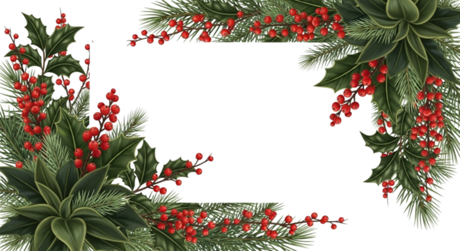 Christmas holly and pine branch corner border frame with red berry decoration isolated on transparent background