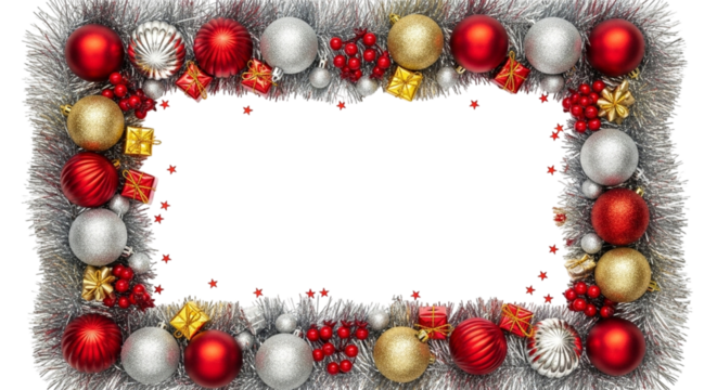 Festive christmas holiday frame border made of shiny red, silver, and gold baubles, tinsel, and small gift boxes, isolated on transparent background
