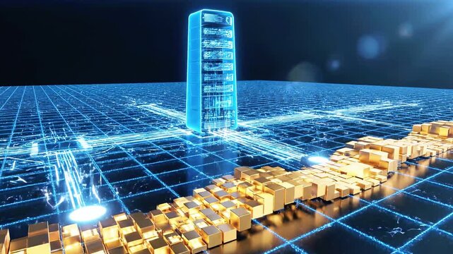 Futuristic, luminous server concept. Cubes form a path leading from a glowing tower on a grid