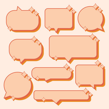 Set of 9 Sparkling Peach Speech Bubbles with Drop Shadow and Soft Aesthetic, Vector Collection of Chat and Quote Boxes