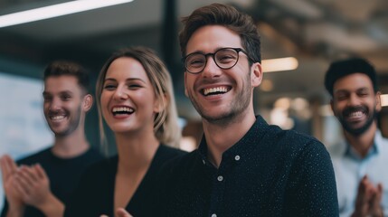 Group celebrates success in an office environment with smiles and applause during a team event