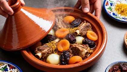 Moroccan tagine with lamb, chicken, dried fruits and vibrant traditional ceramic presentation dish
