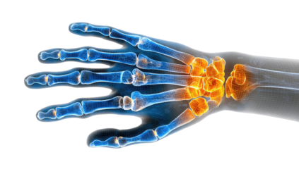 Medical illustration of a glowing, inflamed hand and wrist skeleton