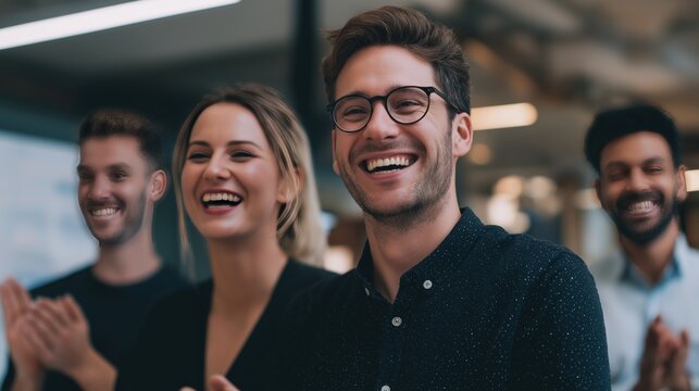 Group celebrates success in an office environment with smiles and applause during a team event