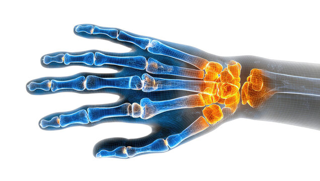 Medical illustration of a glowing, inflamed hand and wrist skeleton