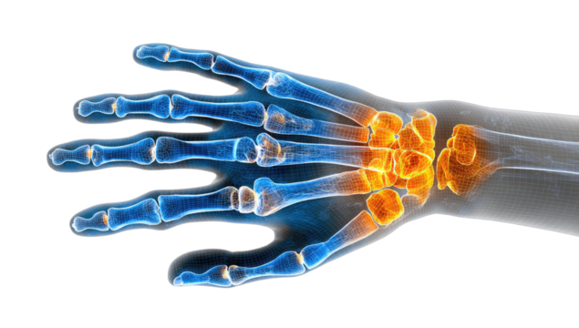 Medical illustration of a glowing, inflamed hand and wrist skeleton