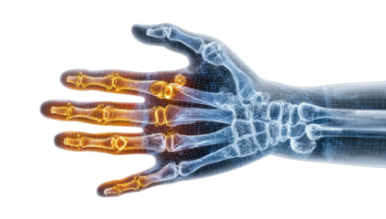 X-ray of a hand with inflamed finger joints highlighted in orange