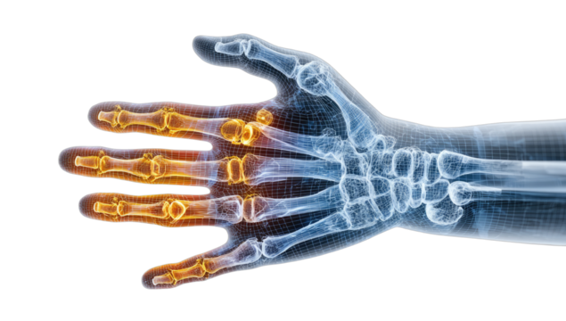X-ray of a hand with inflamed finger joints highlighted in orange
