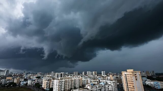Cyclone Clouds Spinning Over City Skyline