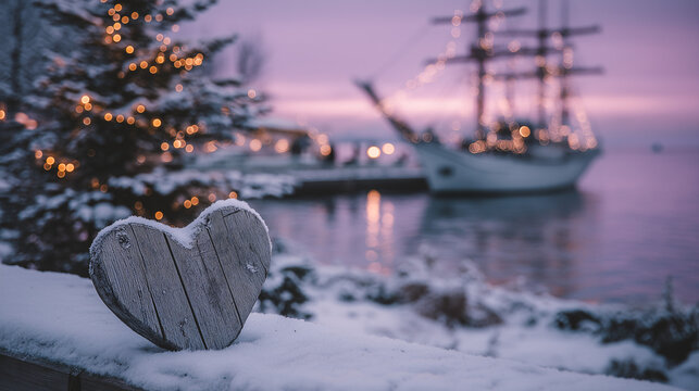 A wooden heart rests on a snow-covered pier as dawn breaks. A tall ship adorned with lights is docked nearby, creating a magical, romantic Winter scene on the sea