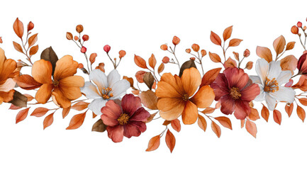Autumn floral border with warm earth tones and scattered leaves