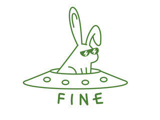 Rabbit on ufo with text FINE, clothing design
