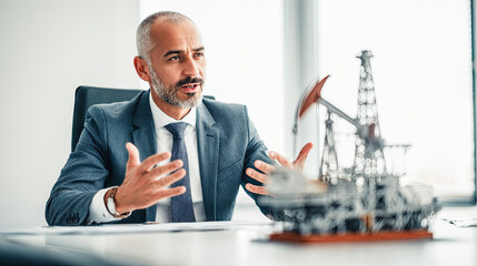 Executive gesturing near an oil rig model on a bright desk in an office setting during a discussion