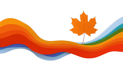 Autumn leaf on colorful flowing waves against black background