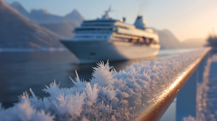Morning light illuminates the frosted railing of a cruise ship as it sails through a frigid landscape. Mountains are visible in the background