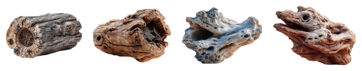 Assortment of Four Weathered Driftwood Pieces with Unique Grain Texture and Knotholes Isolated on White Background Natural Wood Sculptures for Craft Design and