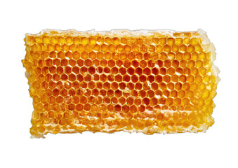 A rectangular piece of natural golden honeycomb filled with sweet nectar on black