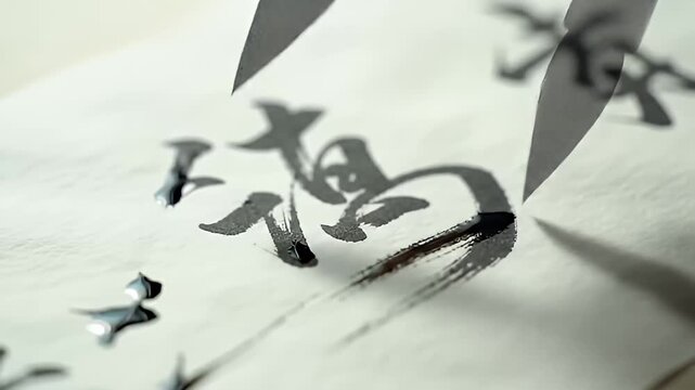 Hand writing calligraphy with a black felt-tip pen on white paper in the foreground