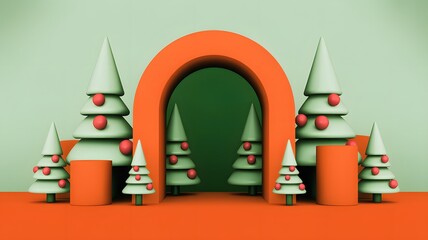Minimalist 3d rendering of stylized christmas tree archway decoration with orange and green color palette