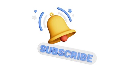 3D animated ringing gold bell notification icon with blue subscribe button and stars for social media channel marketing and call to action video overlays - Powered by Adobe