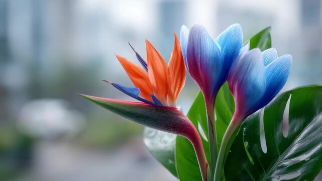 A Symphony of Petals: Three unique blooms in an elegant composition. The orange Bird of Paradise, complemented by two blue-toned flowers, all set against a soft, unfocused cityscape backdrop. 
