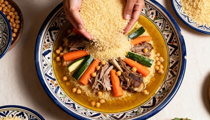 Traditional Maghreb couscous served on Fridays with steamed semolina, vegetables and tender meat