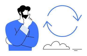 Data synchronization concept. Man thinking with circular arrows and cloud icon data synchronization. Data synchronization for technology, cloud computing, workflow, apps, collaboration