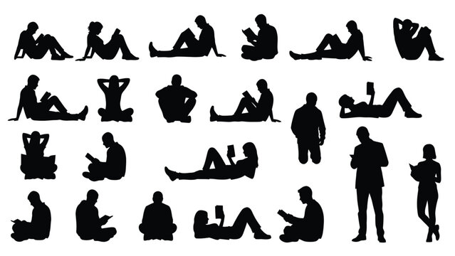 Diverse Vector Silhouettes Collection of People Reading Books and Electronic Devices in Relaxed Poses