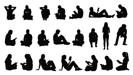 People Sitting and Reading Silhouettes: Diverse Group of Men and Women Relaxing, Studying, and Enjoying Books, Isolated Vector Illustration Set