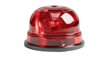 A glossy, dome-shaped red emergency light with a black base on black background