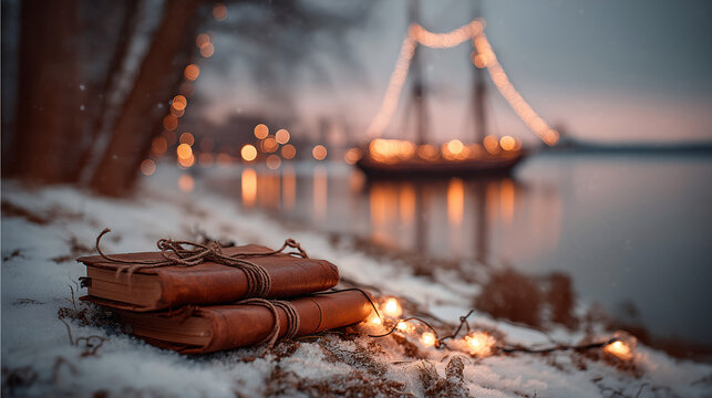 A couple of leather bound journals tied with twine sit in the snow near a calm sea. Soft, warm string lights and the lights of a ship on the water glow gently