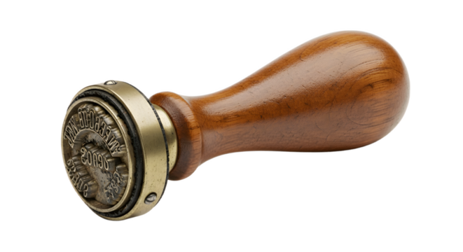 Vintage wooden handle brass seal stamp antique tool for wax sealing and crafts projects on transparent background