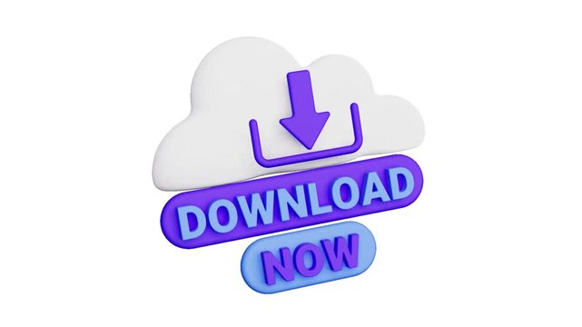 3D animated Download Now sign featuring a white cloud icon with a bouncing purple arrow for digital marketing and app store call to action