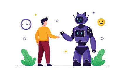 Human Interaction with Friendly AI Robot Assistant Vector Illustration
