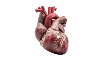 Realistic human heart anatomical model, isolated on a stark black background