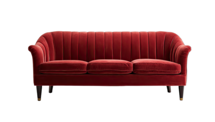 Elegant three-seater red velvet sofa with channel tufting on a black background