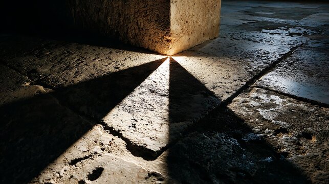 A dramatic shot capturing the intersection of a roughhewn stone block and a textured concrete floor, illuminated by a striking beam of light creating a sharp triangular shadow
