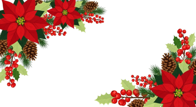 Christmas floral corner border decoration with red poinsettia flower, pine cone, holly berry, and green leaf isolated on transparent background