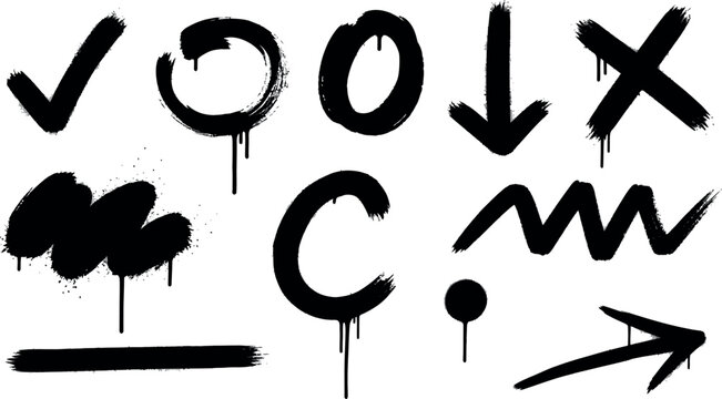 Grungy hand-drawn graffiti style symbols, arrows and paint drips