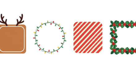 Collection of four festive christmas label or frame elements including reindeer antler shape, string light circle, candy cane stripe pattern, and holly border, isolated on transparent background