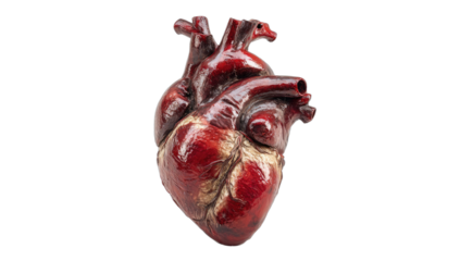 A highly detailed, realistic anatomical model of a human heart, isolated on black