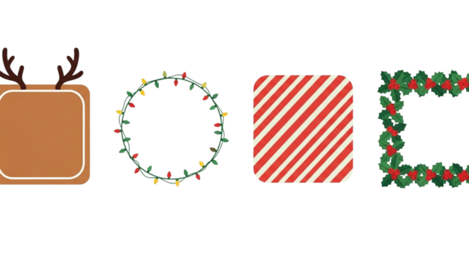 Collection of four festive christmas label or frame elements including reindeer antler shape, string light circle, candy cane stripe pattern, and holly border, isolated on transparent background - Powered by Adobe